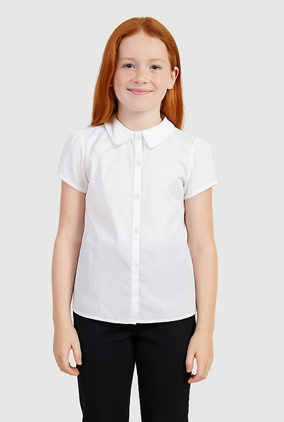 French Toast Girls 7-14 Puff Sleeve Rhinestones Button Polo Shirt, White,