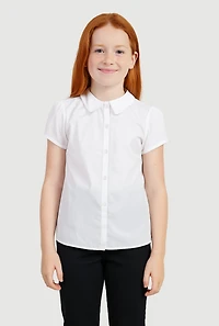 French Toast Girls 7-14 Puff Sleeve Rhinestones Button Polo Shirt, White,