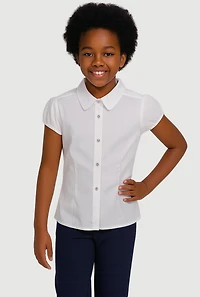 Girls 16-20 Rhinestone Button Front Puff Sleeve Solid Shirt