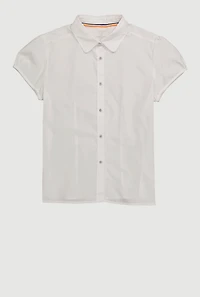 Girls 16-20 Rhinestone Button Front Puff Sleeve Solid Shirt, White, Size 18