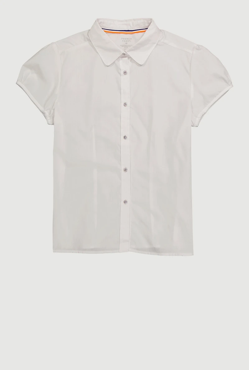 Girls 16-20 Rhinestone Button Front Puff Sleeve Solid Shirt