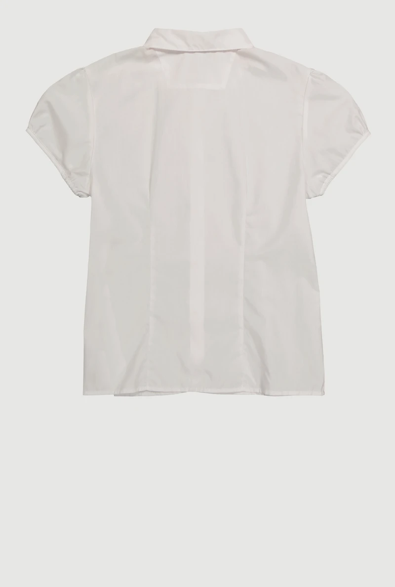 Girls 16-20 Rhinestone Button Front Puff Sleeve Solid Shirt