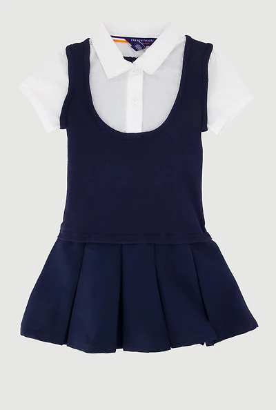 French Toast Girls 4-6x Short Sleeve Pleated Jumper, Blue, Size 5