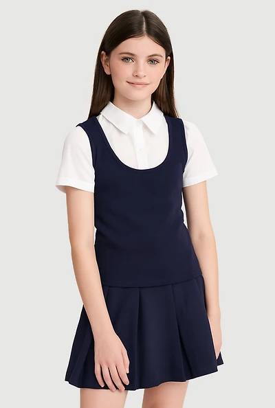 French Toast Girls 7-14 Short Sleeve Pleated Jumper, Blue, Size 14