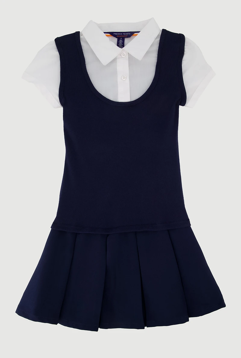 French Toast Girls 7-14 Short Sleeve Pleated Jumper, Blue, Size 10