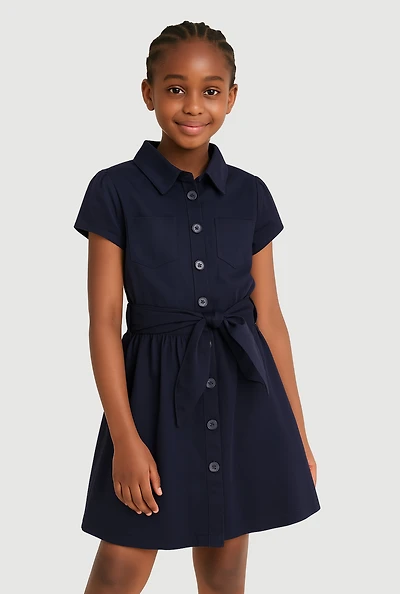 French Toast Girls 7-14 Twill Button Front Tie Waist Dress, Blue, Size 8