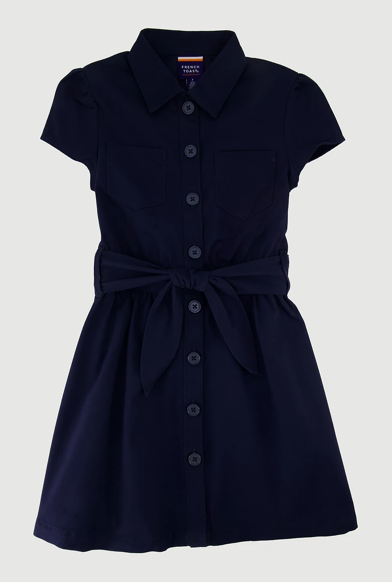 French Toast Girls 7-14 Twill Button Front Tie Waist Dress, Blue, Size 8