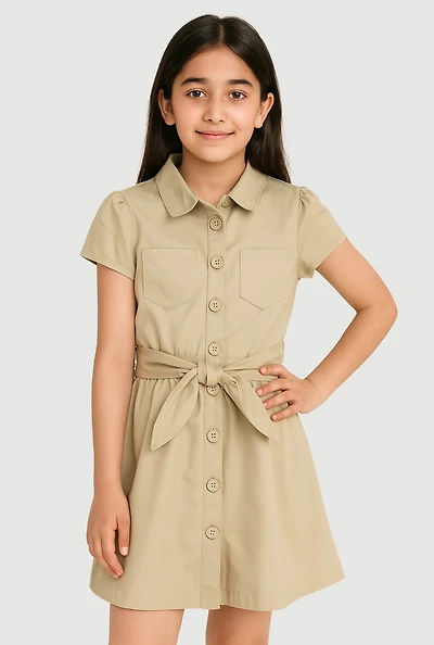 French Toast Girls 7-14 Twill Tie Waist Button Front Dress, Khaki, Size 12
