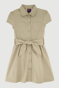 French Toast Girls 7-14 Twill Tie Waist Button Front Dress, Khaki, Size 8