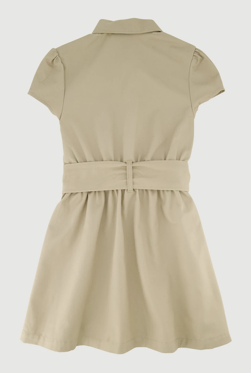 French Toast Girls 7-14 Twill Tie Waist Button Front Dress, Khaki,