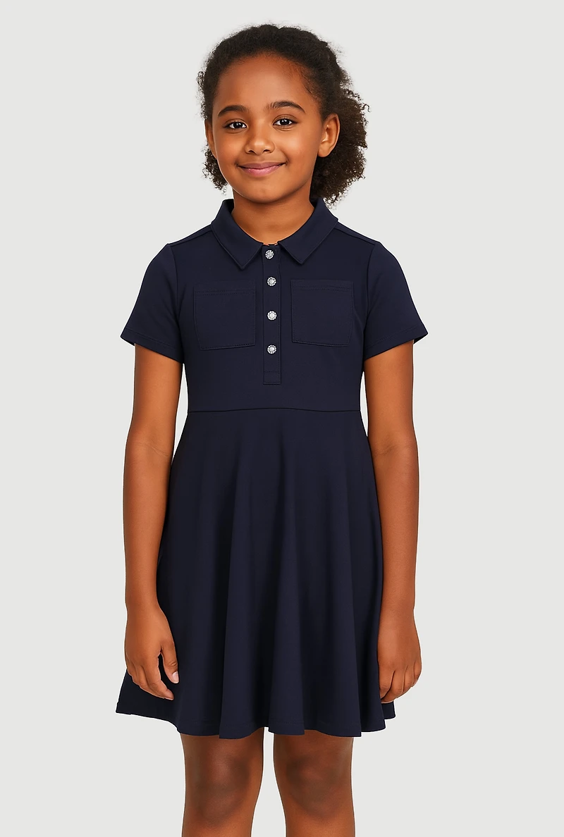 French Toast Girls 7-14 Rhinestone Buttons Midi Polo Dress, Blue,