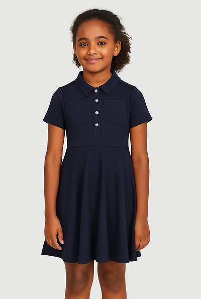 French Toast Girls 7-14 Rhinestone Buttons Midi Polo Dress, Blue, Size 7-8