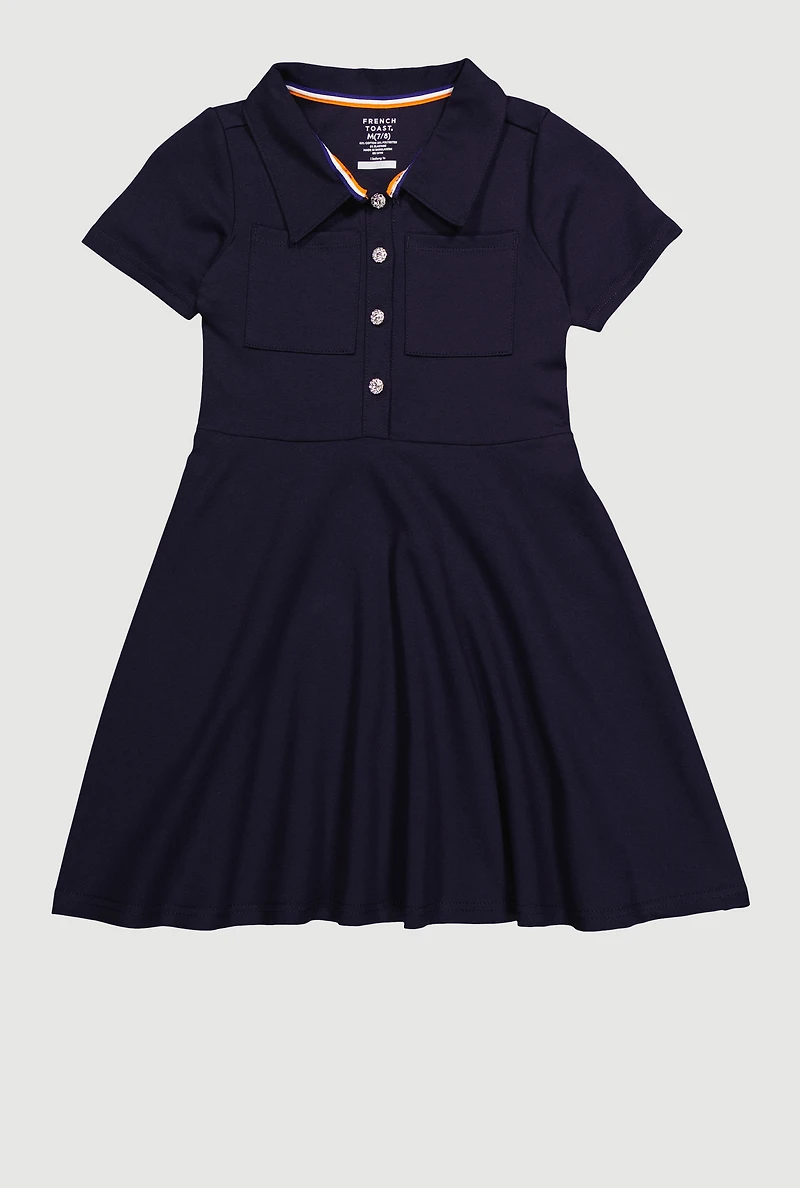French Toast Girls 7-14 Rhinestone Buttons Midi Polo Dress, Blue, Size 7-8