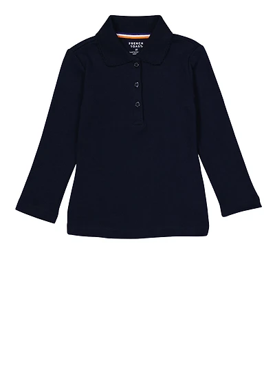 French Toast Girls 2T-4T Interlock Long Sleeve Polo Shirt, Blue, Size 3T
