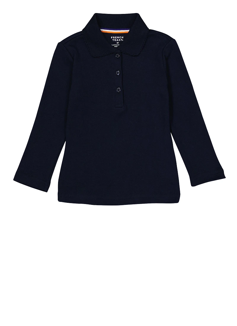 French Toast Girls 2T-4T Interlock Long Sleeve Polo Shirt, Blue, Size 2T