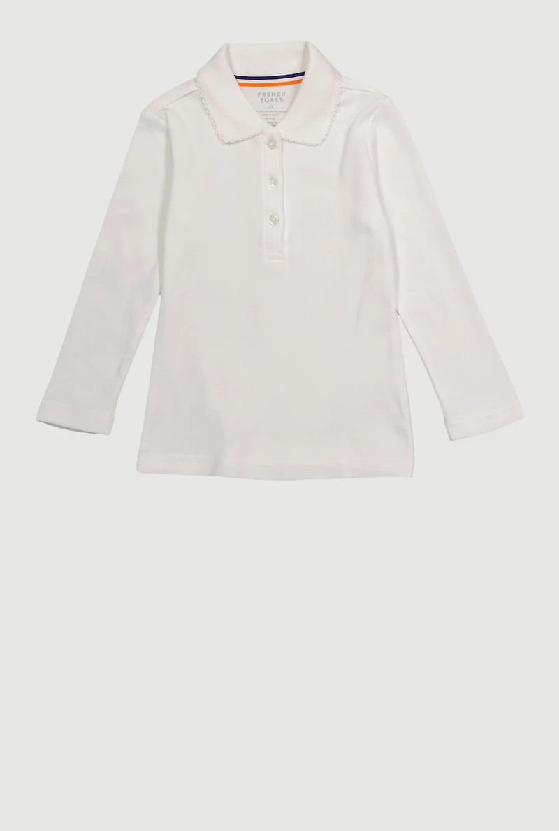 Girls 2T-4T Long Sleeve Solid Polo Shirt, White, Size 3T