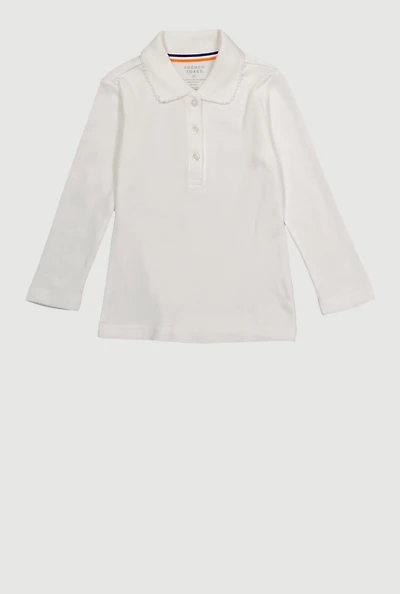 Girls 2T-4T Long Sleeve Solid Polo Shirt, White, Size 3T