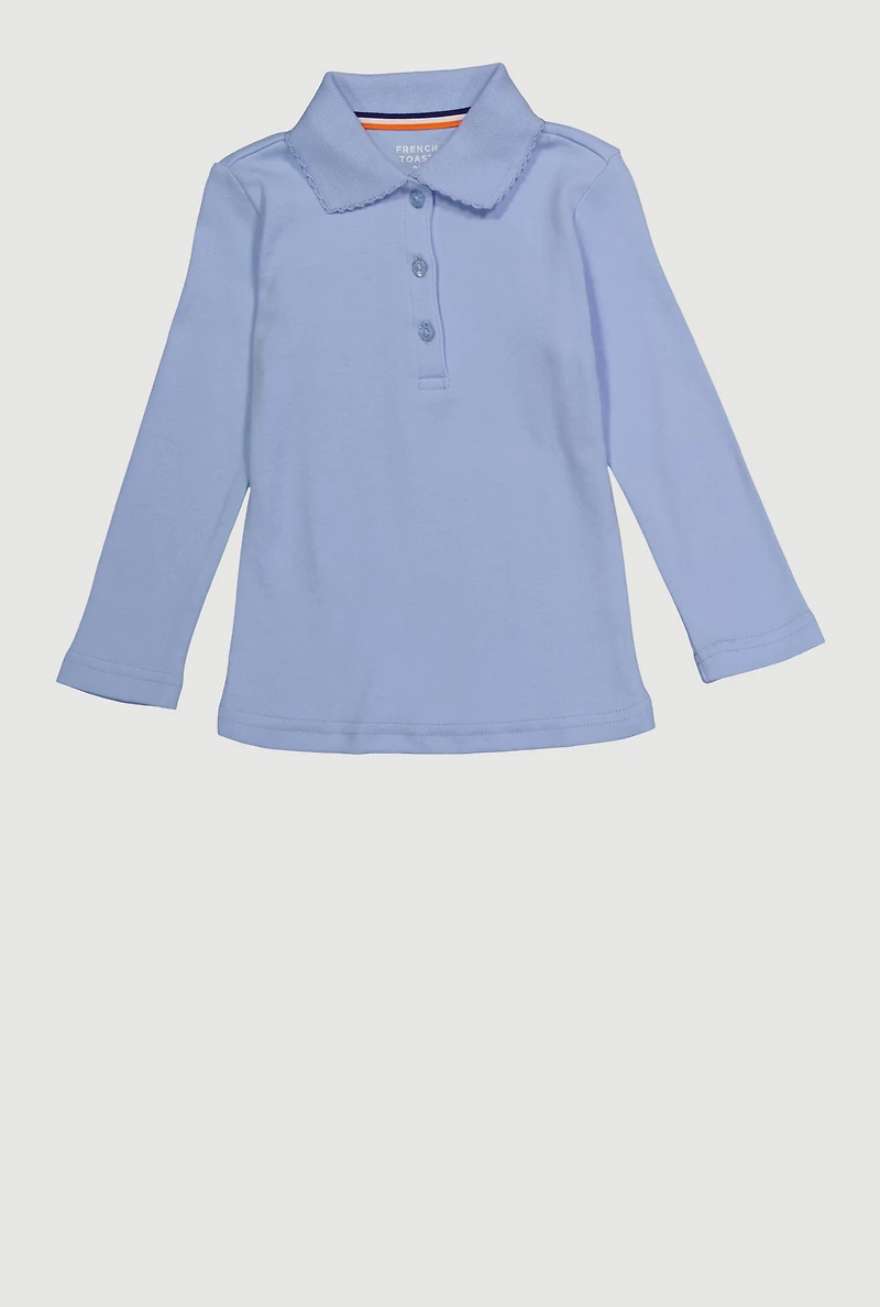 Girls 2T-4T Long Sleeve Picot Collar Interlock Polo, Blue, Size 4T