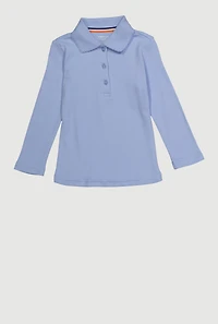 Girls 2T-4T Long Sleeve Picot Collar Interlock Polo, Blue, Size 2T