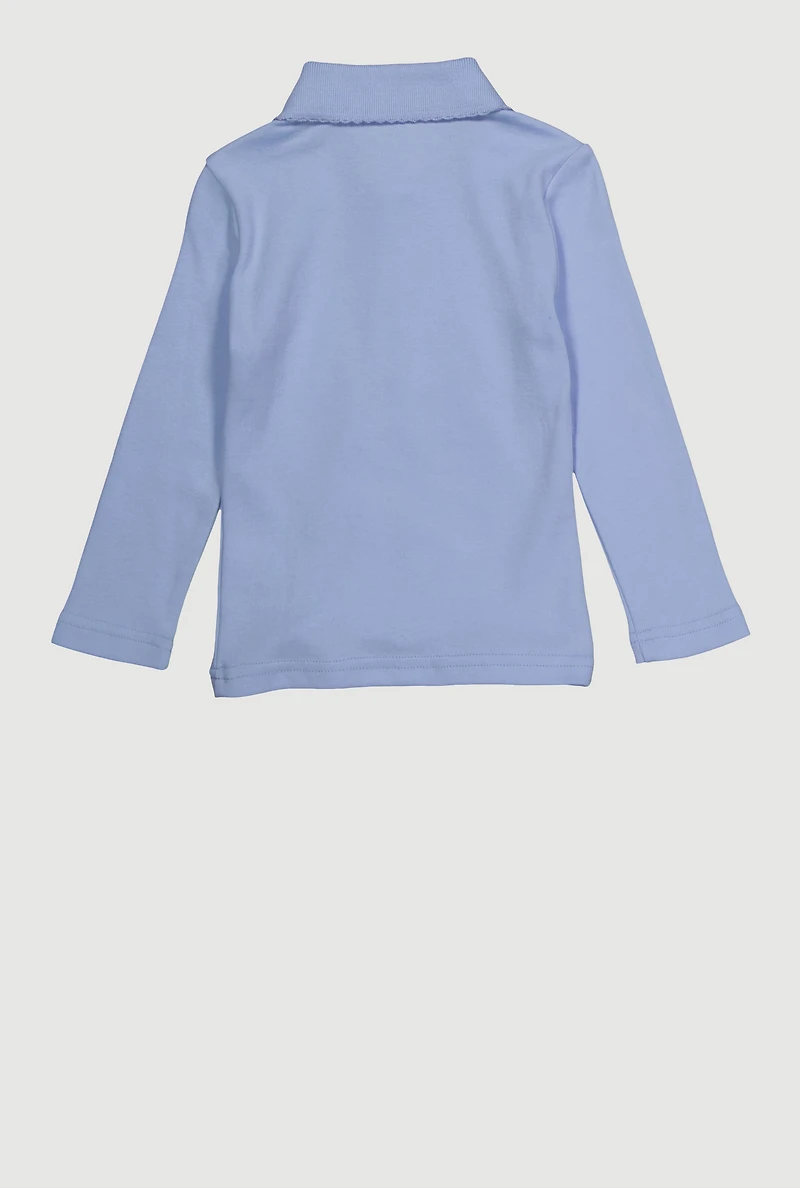 Girls 2T-4T Long Sleeve Picot Collar Interlock Polo, Blue, Size 4T