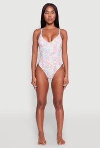 Womens Border Print One Piece Swimsuit, Multi, Size M