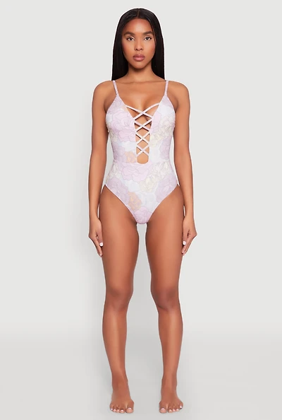 Womens Floral Print Caged Front One Piece Swimsuit, Purple, Size M