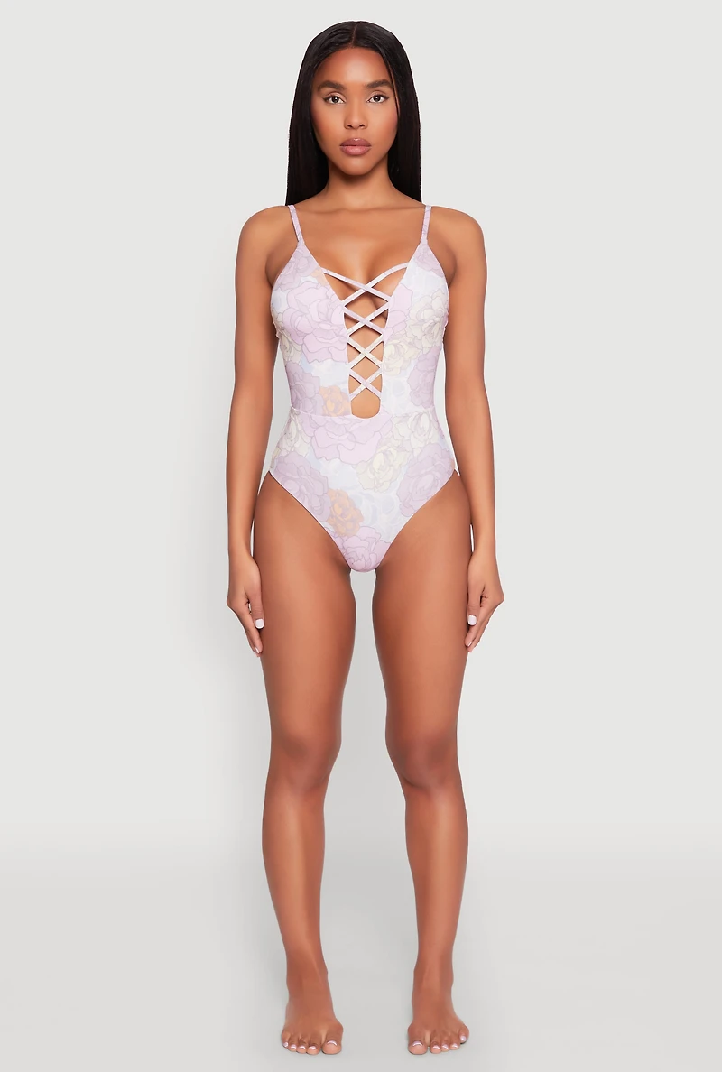 Womens Floral Print Caged Front One Piece Swimsuit, Purple, Size M