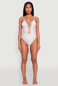 Womens Floral Print Caged Front One Piece Swimsuit, Purple, Size M