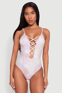 Womens Floral Print Caged Front One Piece Swimsuit, Purple, Size L