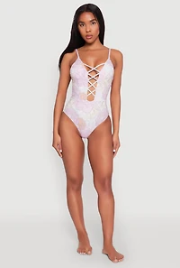Womens Floral Print Caged Front One Piece Swimsuit, Purple, Size L