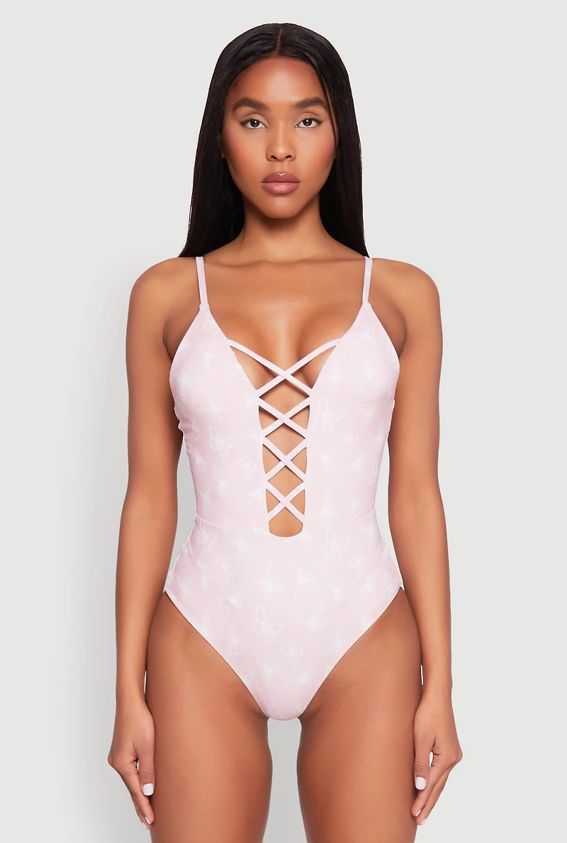 Womens Butterfly Print Caged Front One Piece Swimsuit, Pink, Size M