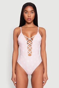 Womens Butterfly Print Caged Front One Piece Swimsuit, Pink, Size M