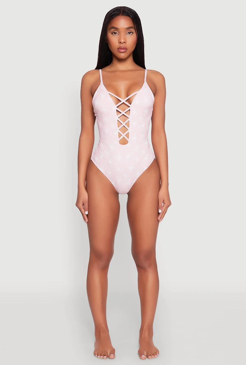Womens Butterfly Print Caged Front One Piece Swimsuit, Pink, Size M