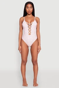 Womens Butterfly Print Caged Front One Piece Swimsuit, Pink, Size M