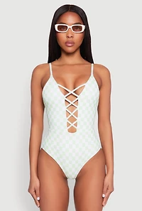 Checkered Print Caged Front One Piece Swimsuit