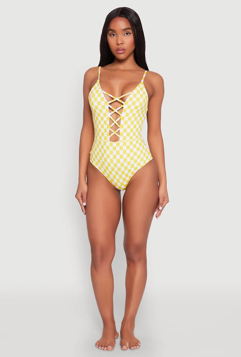 Womens Checkered Print Caged Front One Piece Swimsuit, Yellow, Size L