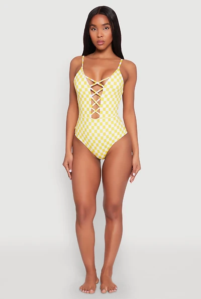 Womens Checkered Print Caged Front One Piece Swimsuit, Yellow, Size L
