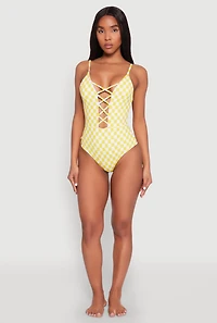 Womens Checkered Print Caged Front One Piece Swimsuit, Yellow, Size L