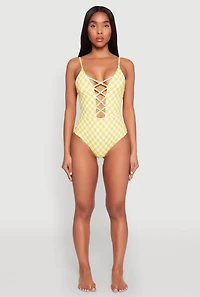 Womens Checkered Print Caged Front One Piece Swimsuit, Yellow, Size L