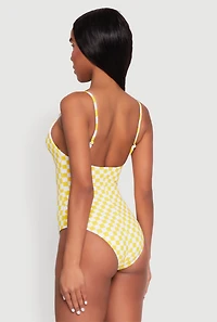 Womens Checkered Print Caged Front One Piece Swimsuit, Yellow, Size L