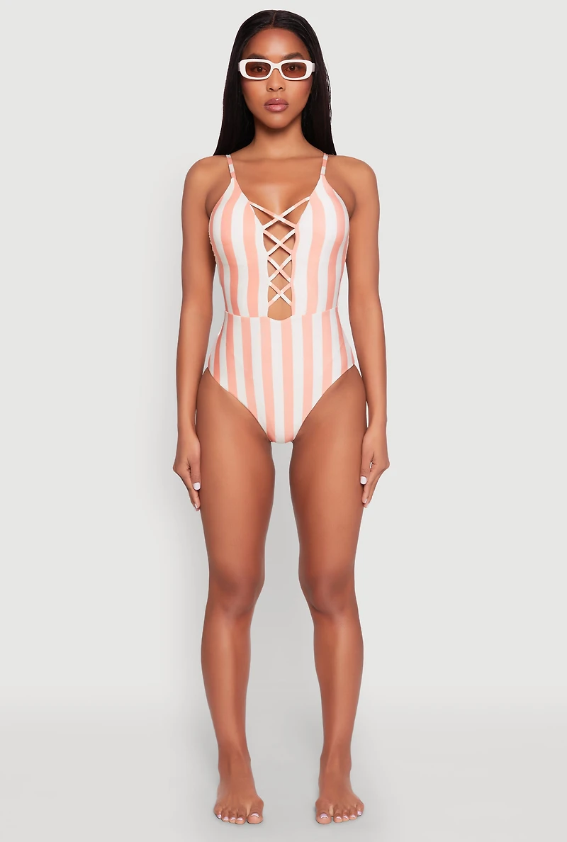 Striped Caged Front One Piece Swimsuit
