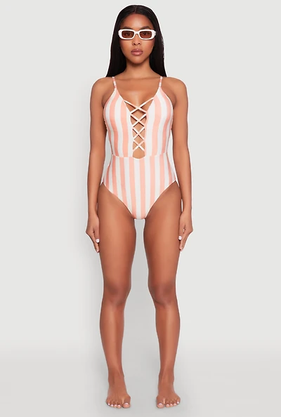 Striped Caged Front One Piece Swimsuit
