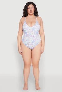 Womens Plus Size Retro Floral V Neck One Piece Swimsuit, Multi, Size 2X