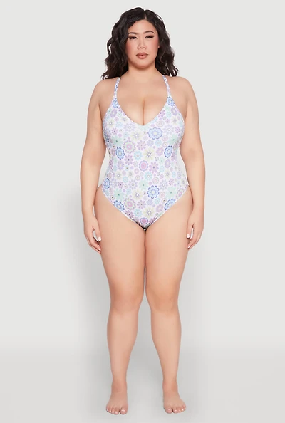 Womens Plus Size Retro Floral V Neck One Piece Swimsuit, Multi, Size 1X
