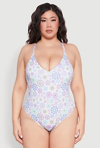 Womens Plus Size Retro Floral V Neck One Piece Swimsuit, Multi, Size 2X