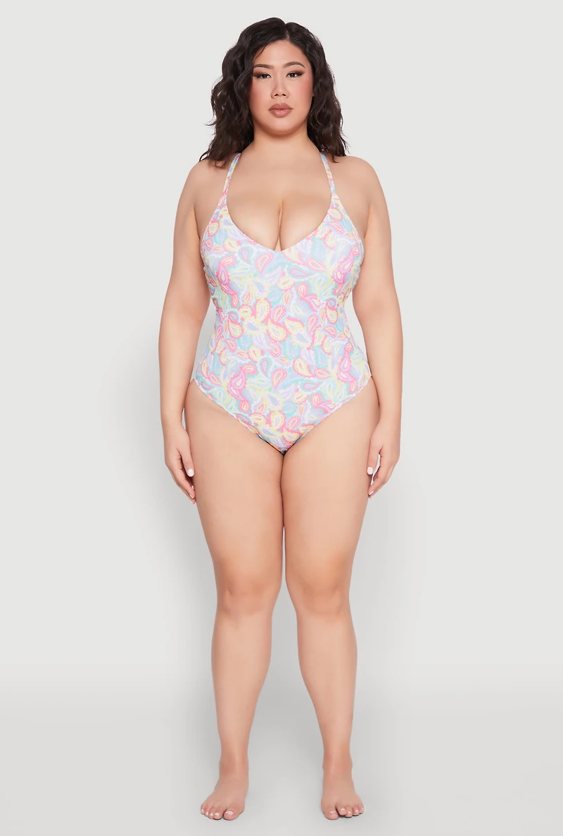 Womens Plus Size Paisley Print One Piece Swimsuit, Multi, Size 1X