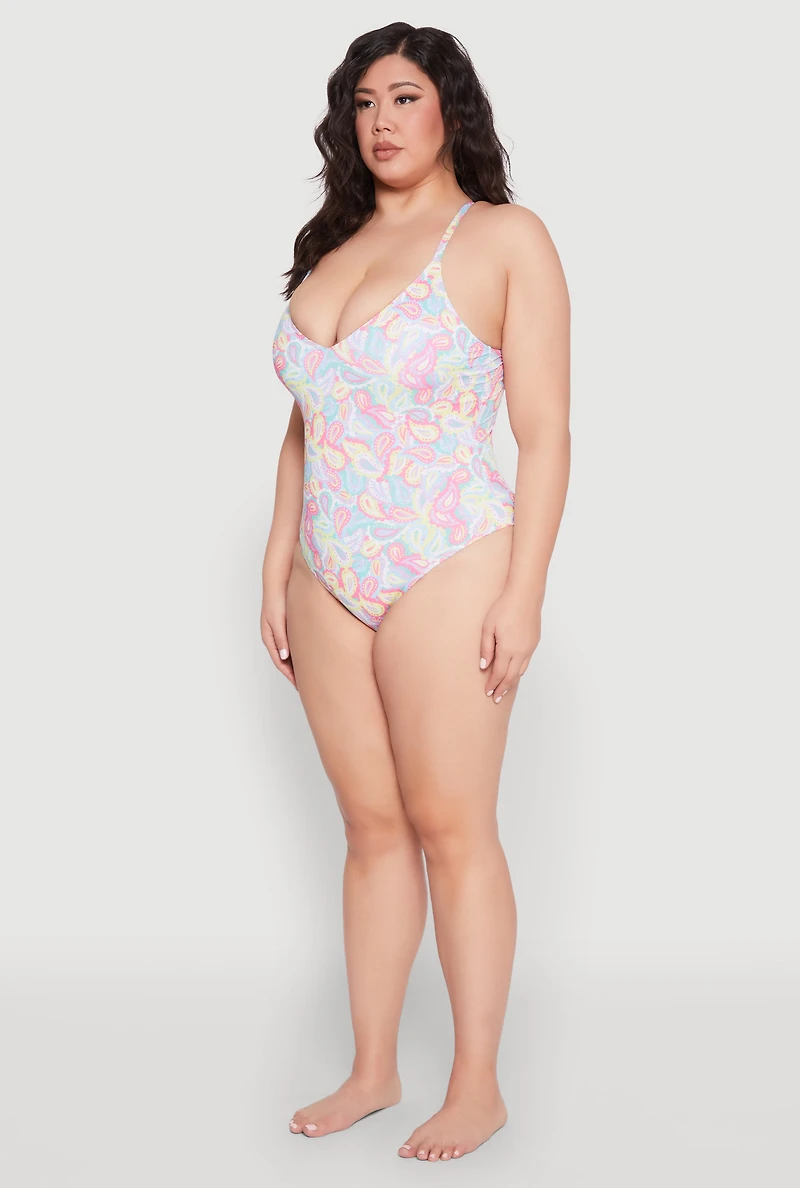 Womens Plus Size Paisley Print One Piece Swimsuit, Multi, Size 1X