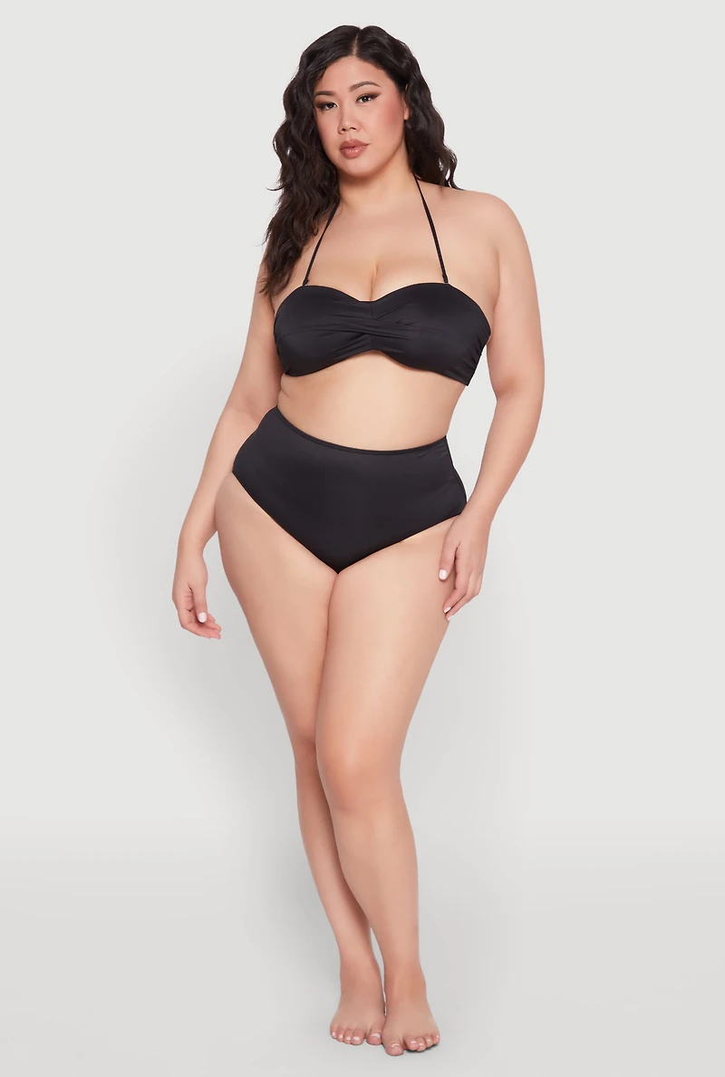 Womens Plus Size Twist Front Bandeau Swim Bikini Top, Black, Size 1X