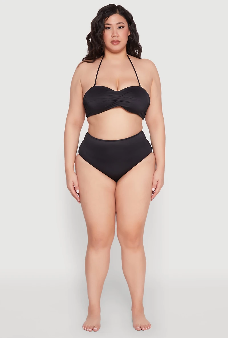 Womens Plus Size Twist Front Bandeau Swim Bikini Top, Black, Size 1X