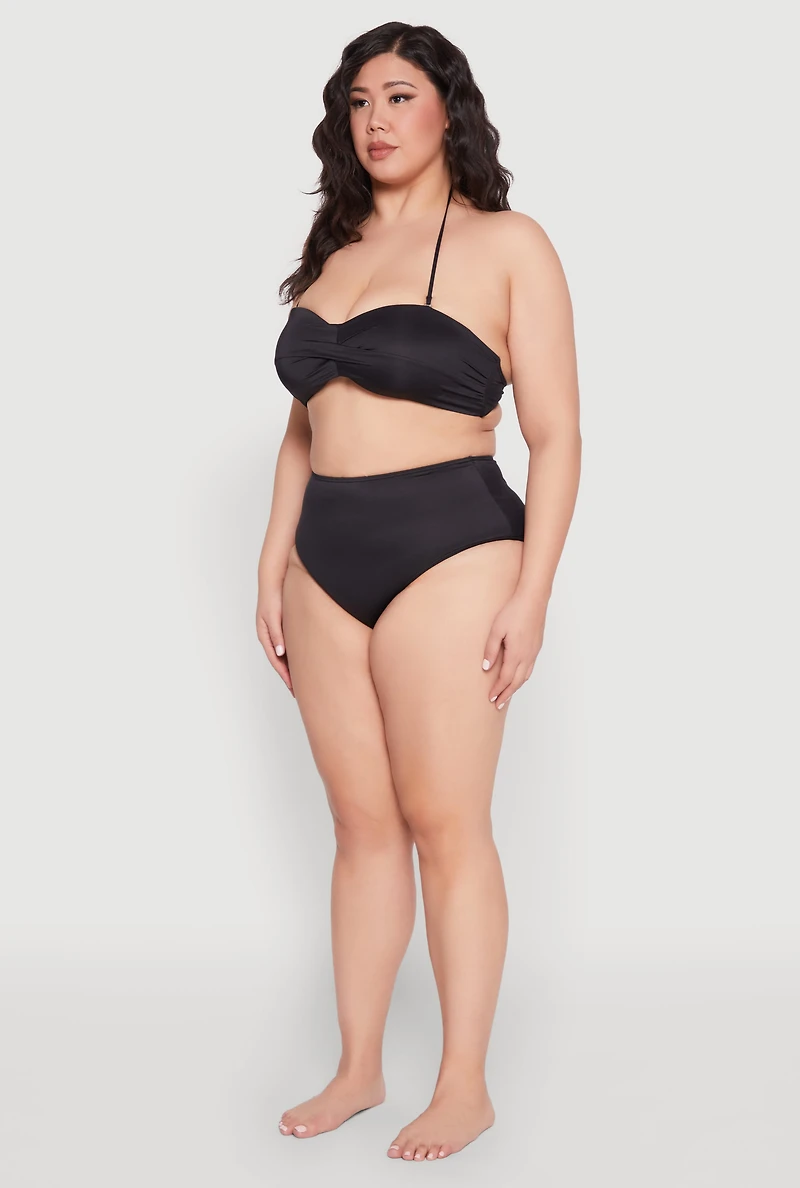 Womens Plus Size Twist Front Bandeau Swim Bikini Top, Black, Size 1X
